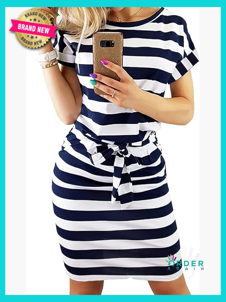 Striped Midi Dress Tie Waist Bodycon Office Chic Summer Casual Pockets